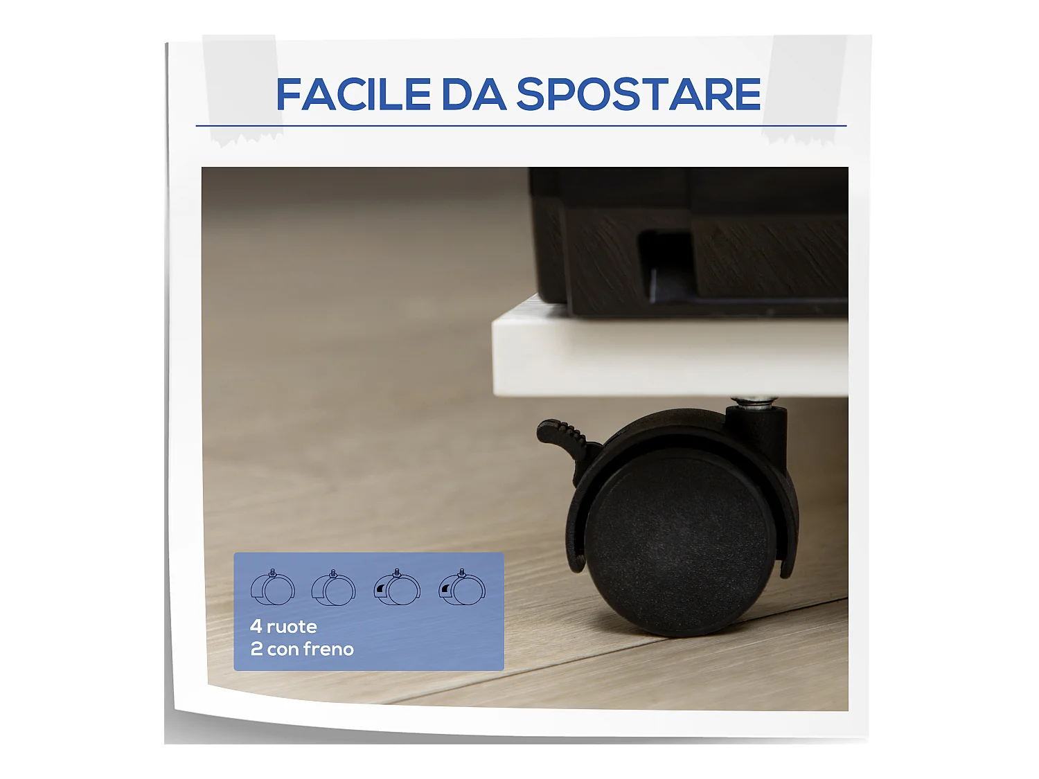 Mobile per stampante con 4 ruote e mensola in legno bianco