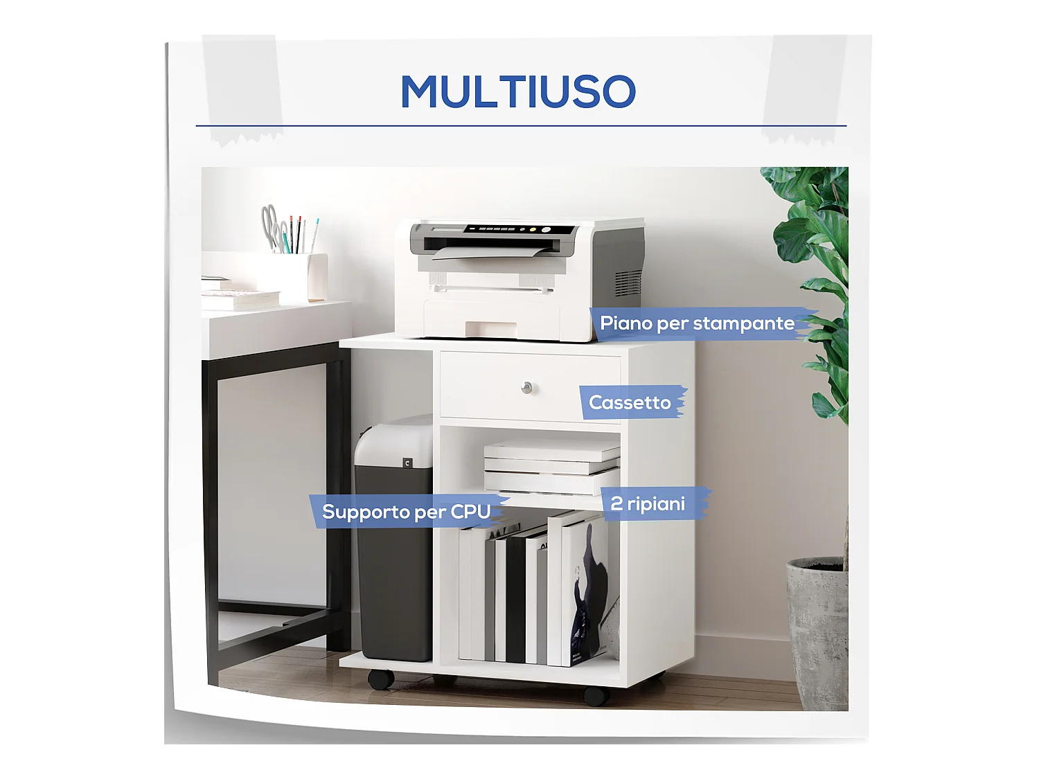 Mobile per stampante con 4 ruote e mensola in legno bianco