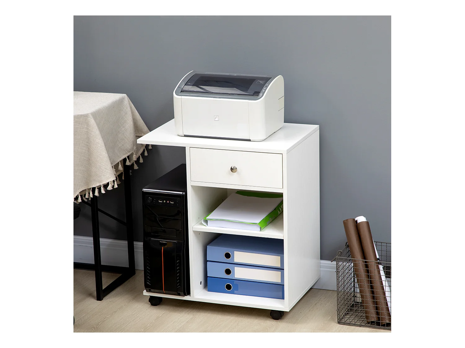 Mobile per stampante con 4 ruote e mensola in legno bianco