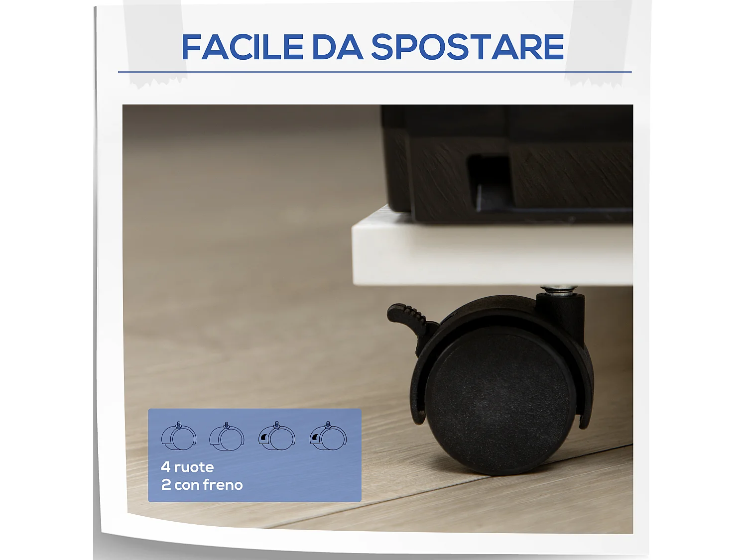 Mobile per stampante con 4 ruote e mensola in legno bianco