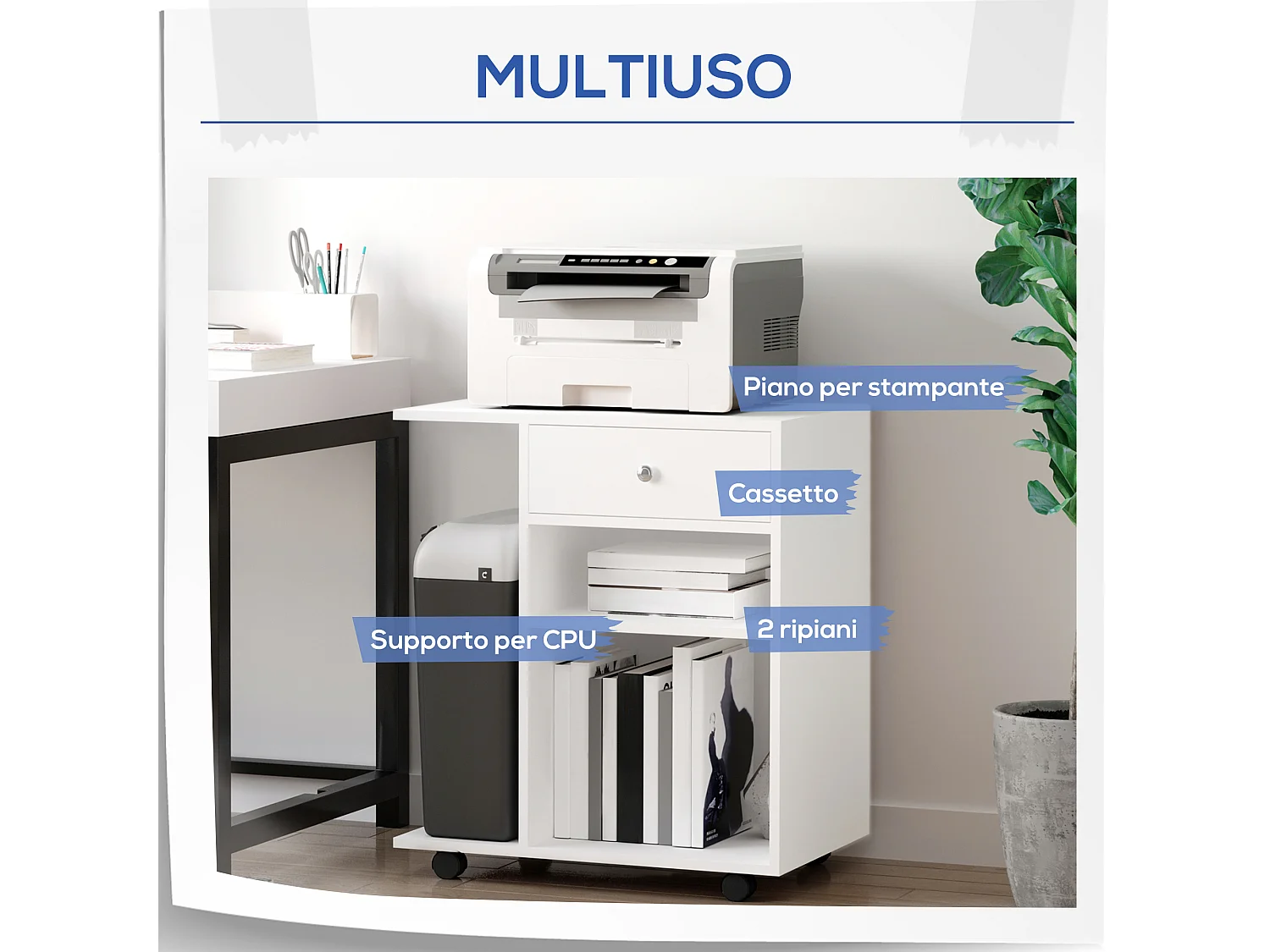 Mobile per stampante con 4 ruote e mensola in legno bianco