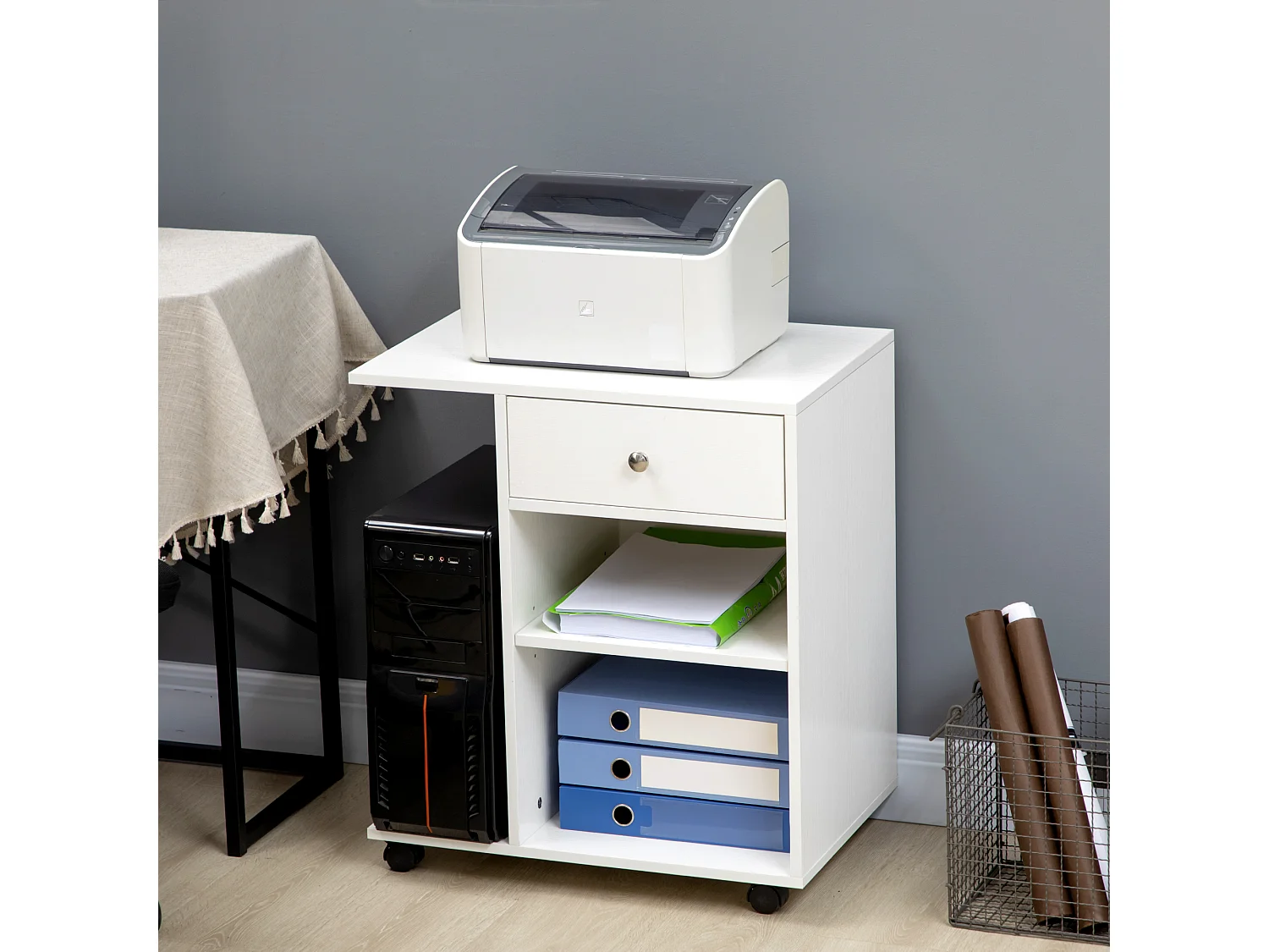 Mobile per stampante con 4 ruote e mensola in legno bianco