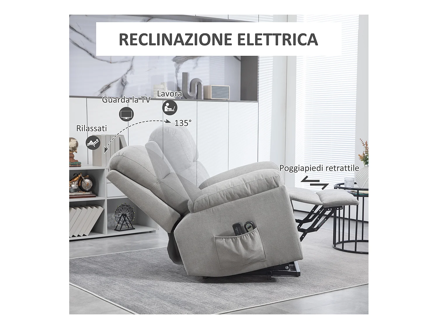 Poltrona alzapersona reclinabile a 135° con poggiapiedi grigio chiaro