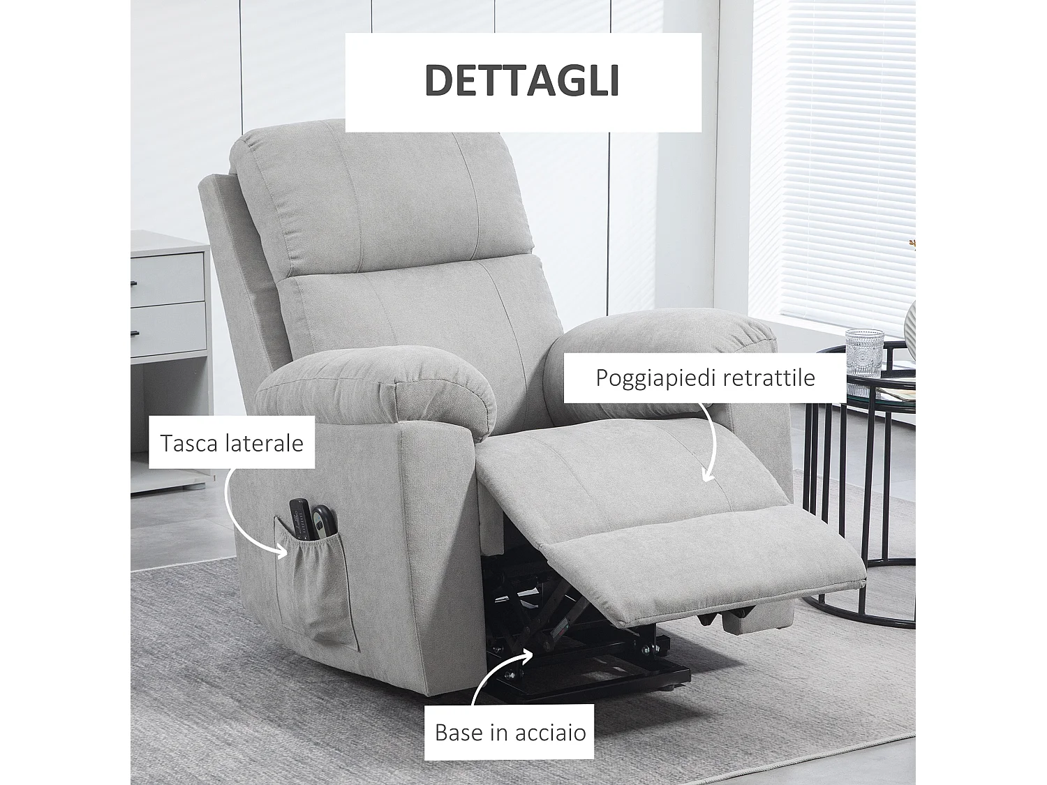 Poltrona alzapersona reclinabile a 135° con poggiapiedi grigio chiaro