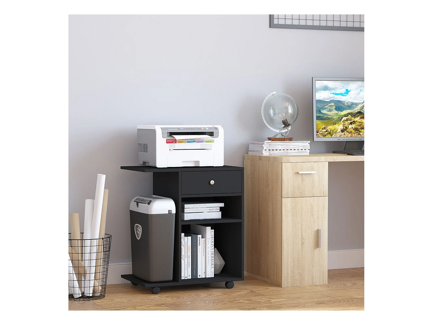 Mobile porta stampante in legno con cassetto e 2 ripiani nero