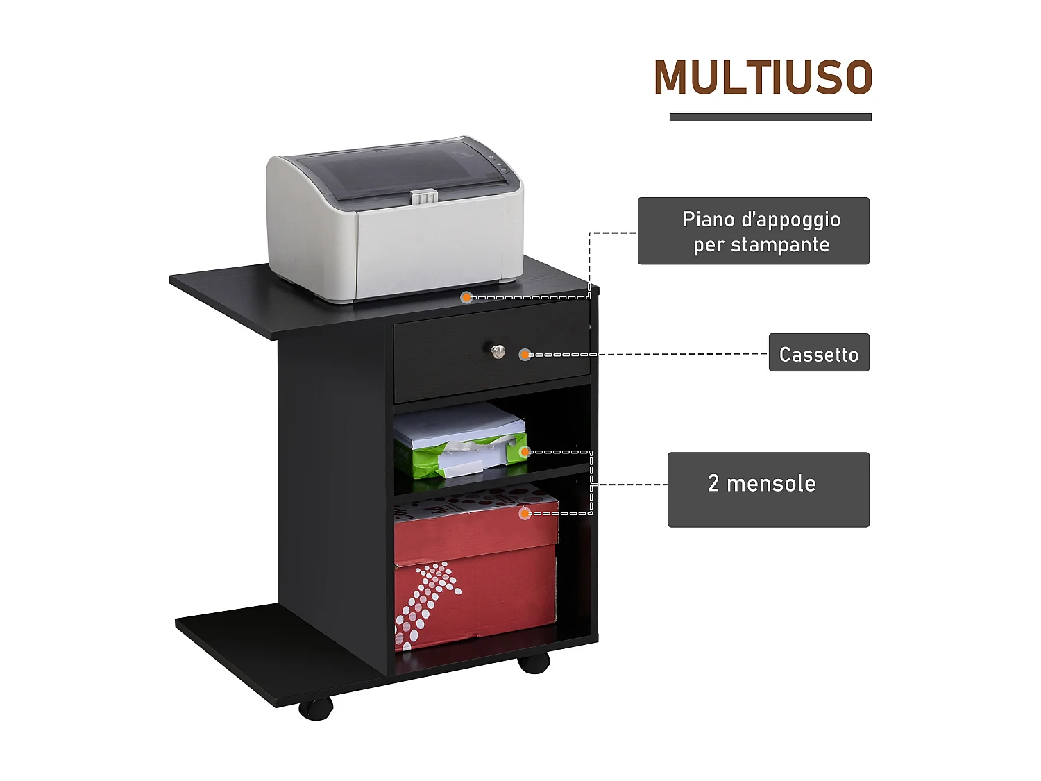 Mobile porta stampante in legno con cassetto e 2 ripiani nero
