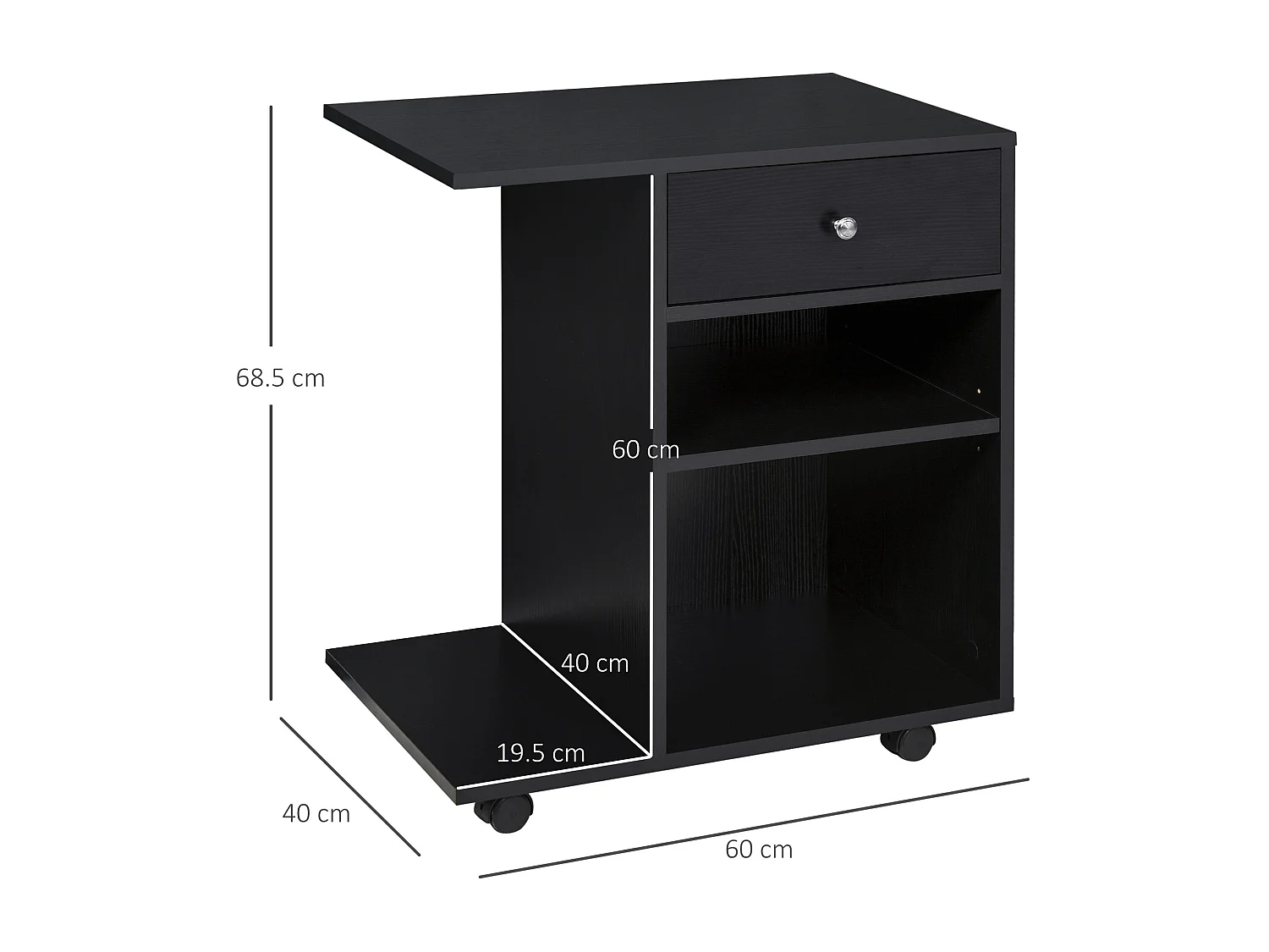 Mobile porta stampante in legno con cassetto e 2 ripiani nero