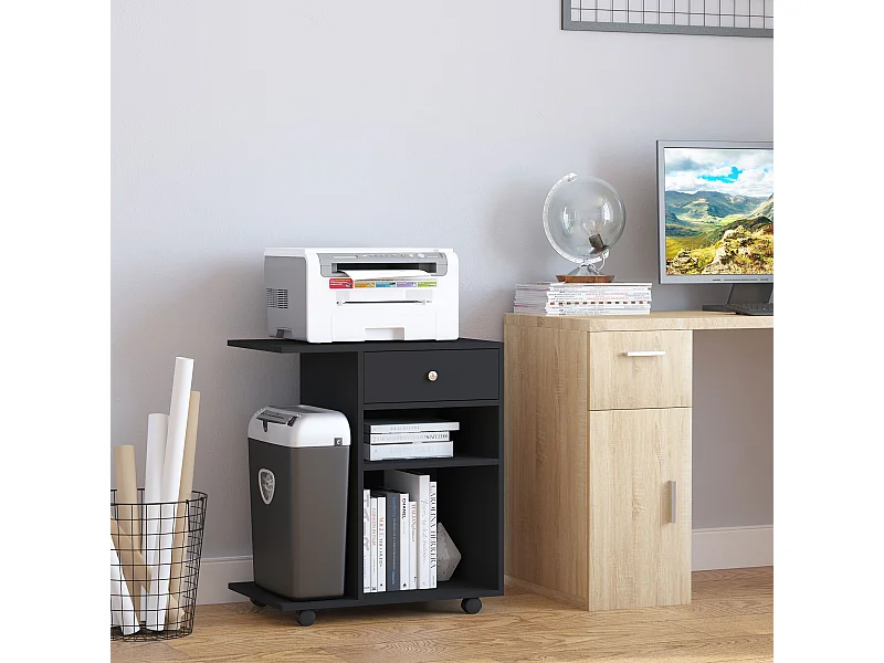 Mobile porta stampante in legno con cassetto e 2 ripiani nero