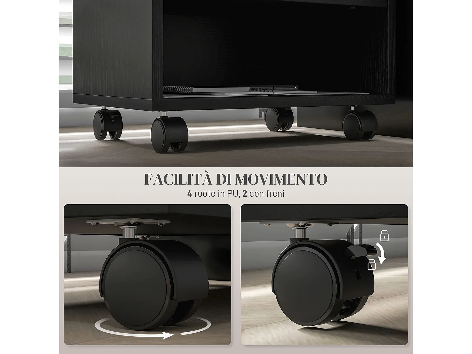 Mobile porta stampante con 3 scomparti e ruote in legno nero