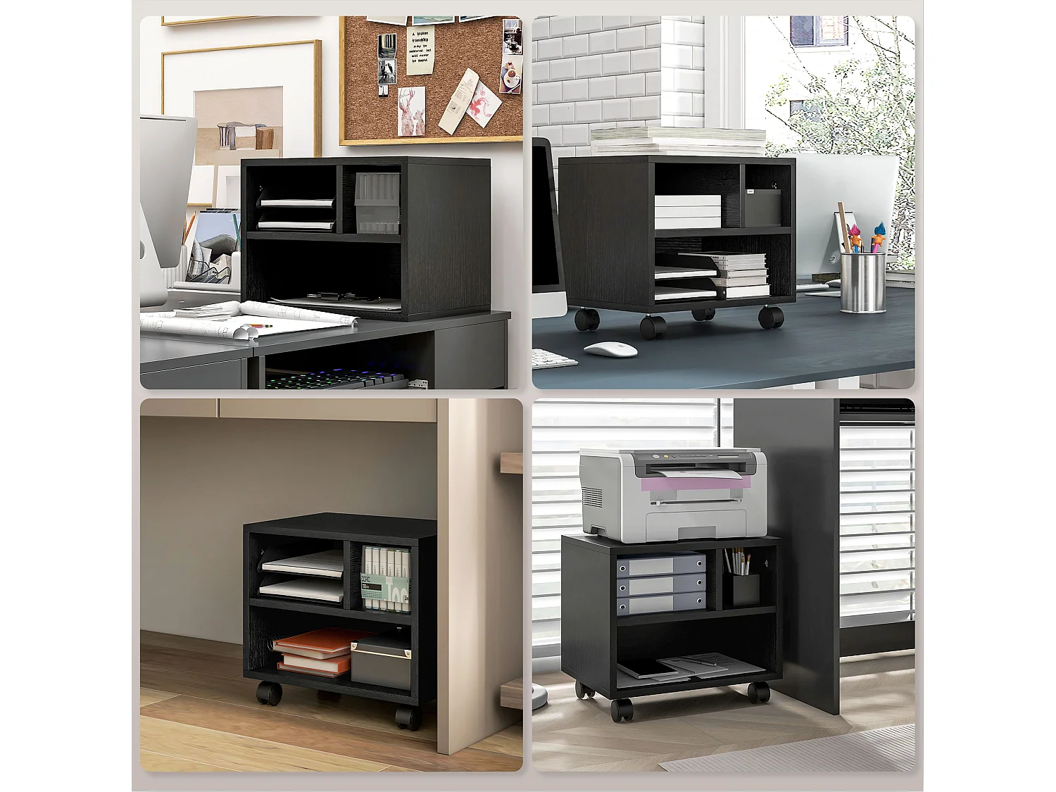 Mobile porta stampante con 3 scomparti e ruote in legno nero