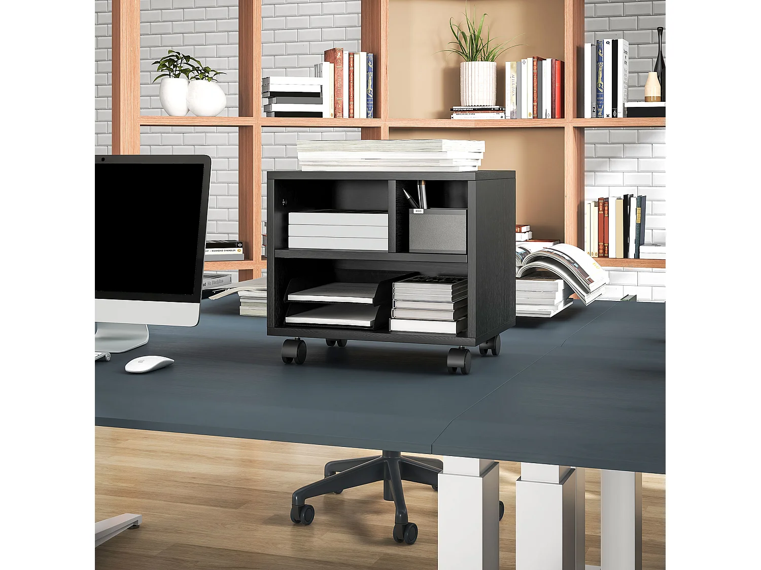 Mobile porta stampante con 3 scomparti e ruote in legno nero