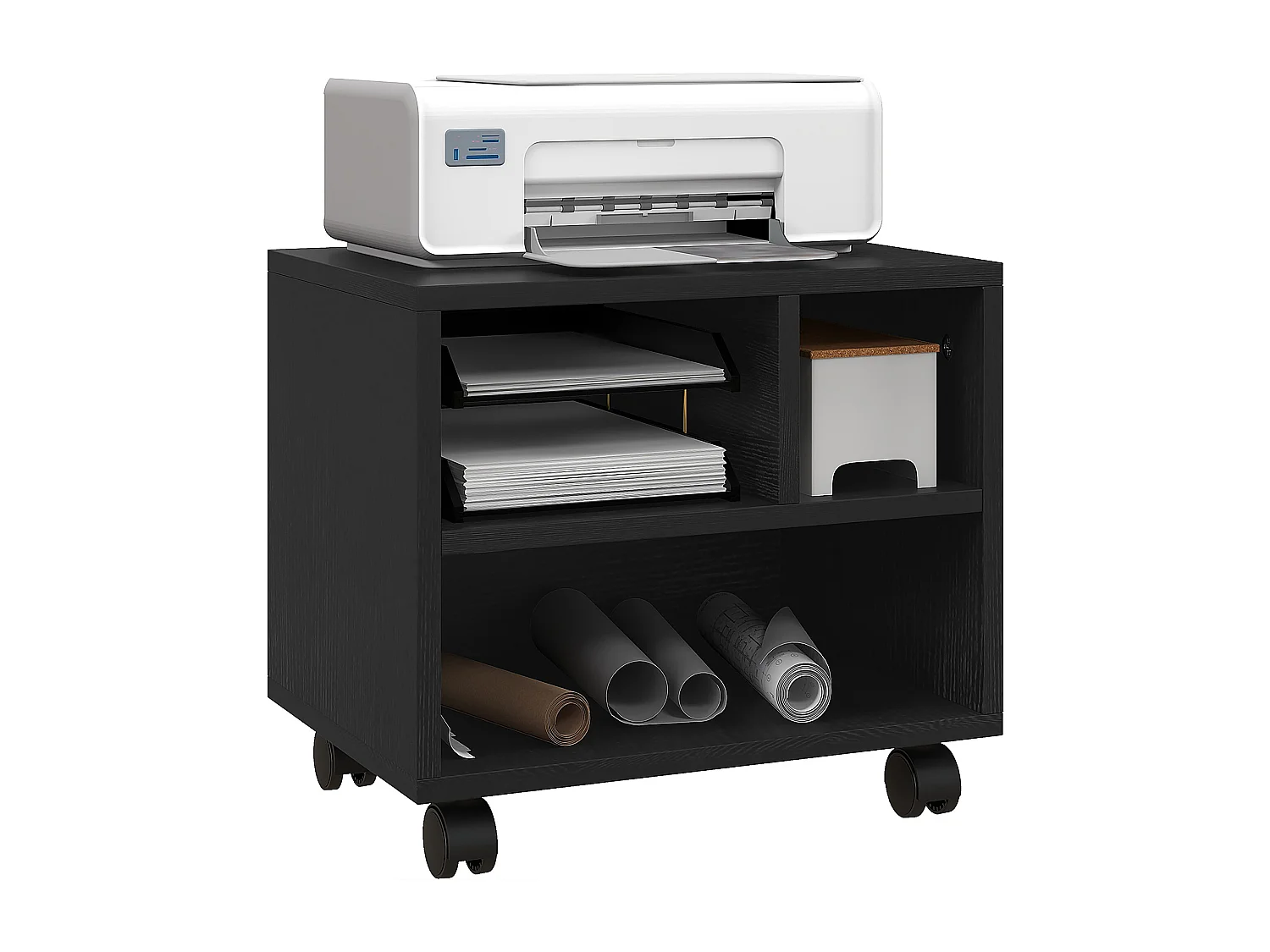 Mobile porta stampante con 3 scomparti e ruote in legno nero