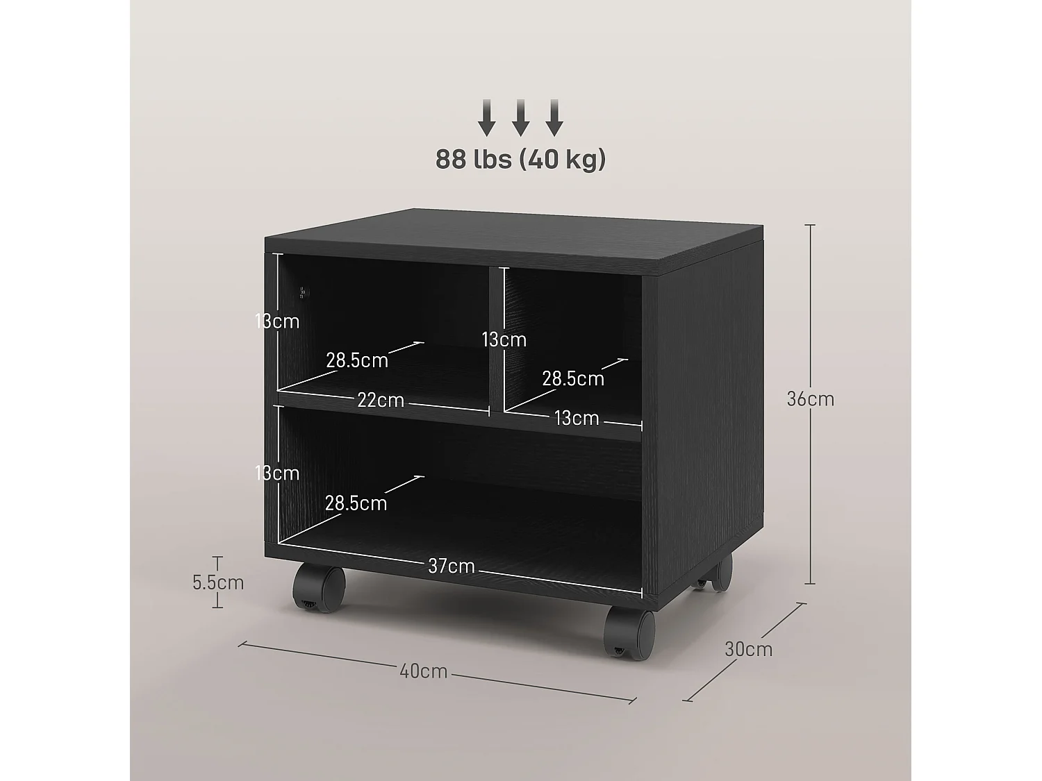 Mobile porta stampante con 3 scomparti e ruote in legno nero