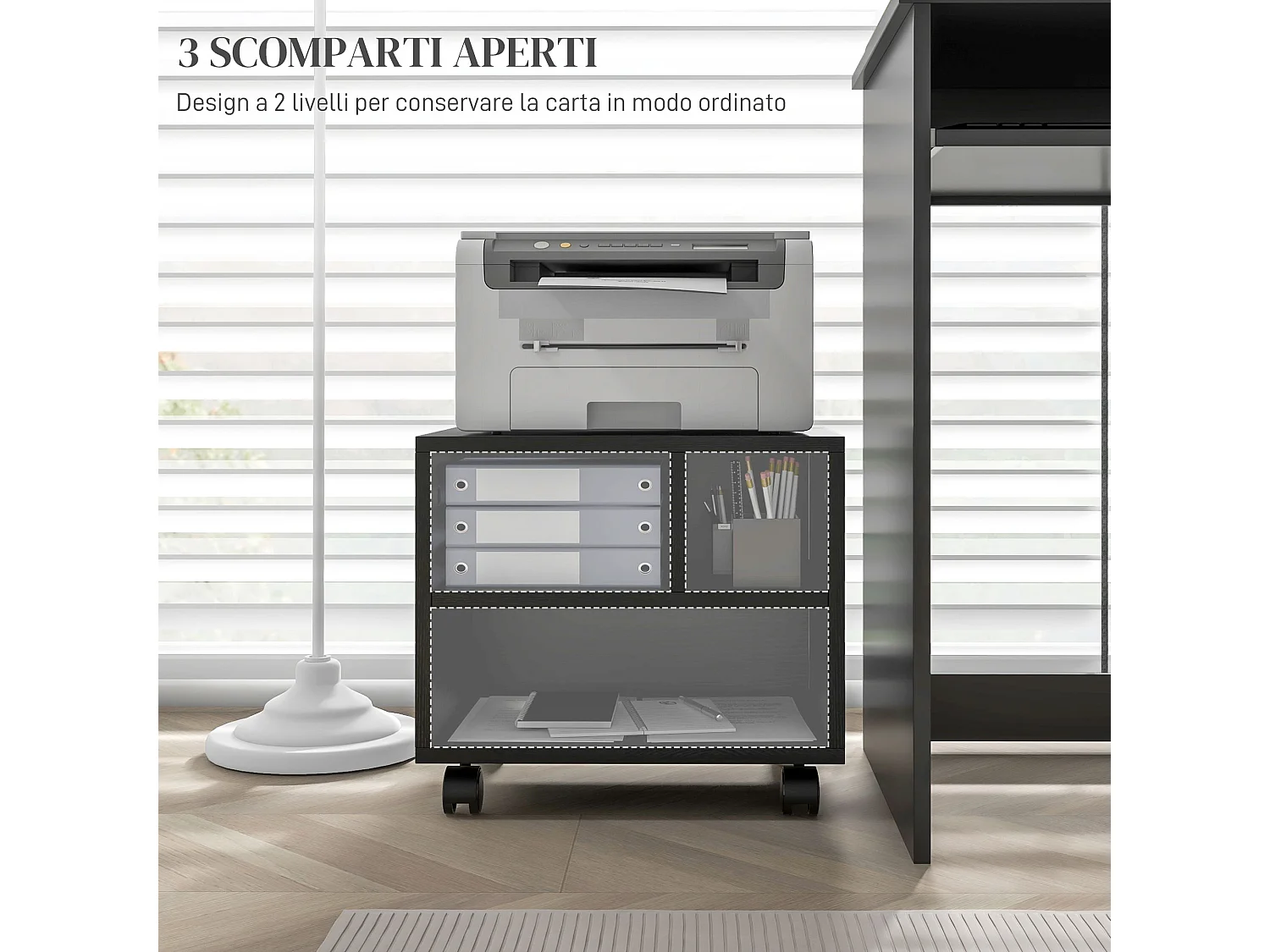 Mobile porta stampante con 3 scomparti e ruote in legno nero