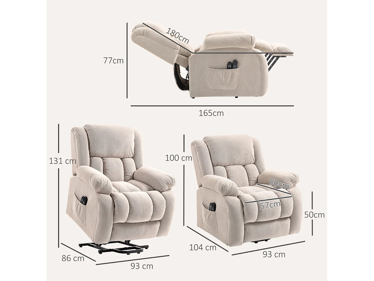 Poltrona alzapersona e reclinabile con 2 tasche e telecomando beige