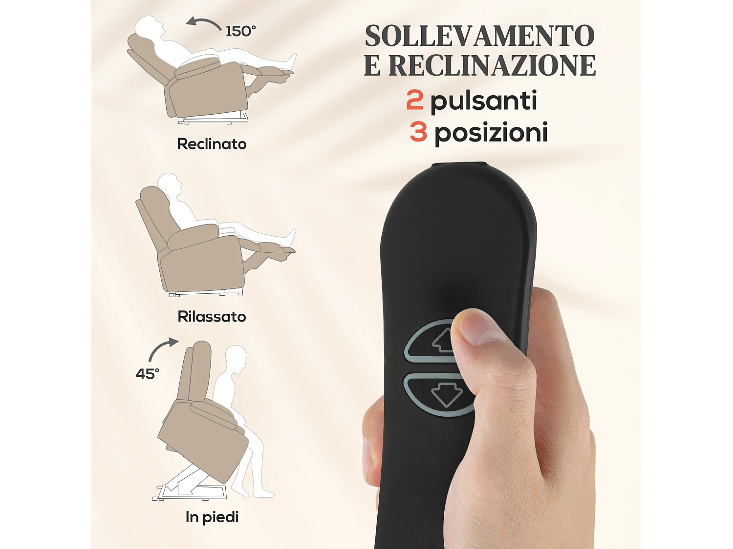 Poltrona alzapersona e reclinabile con 2 tasche e telecomando beige