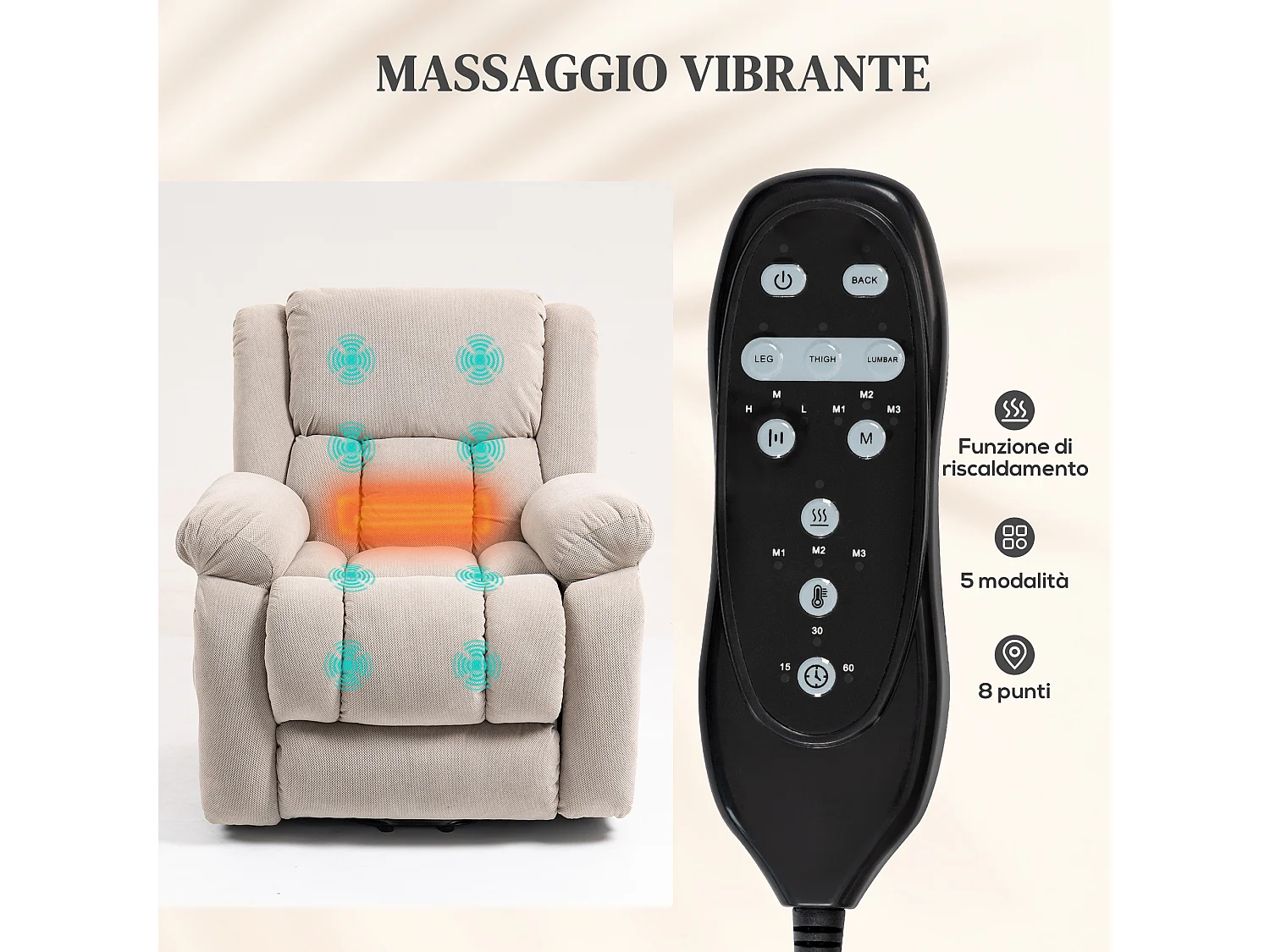 Poltrona alzapersona e reclinabile con 2 tasche e telecomando beige