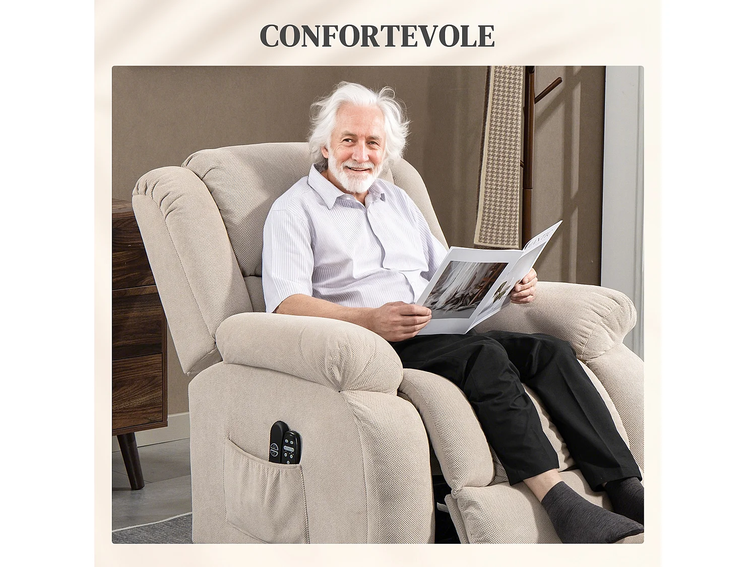 Poltrona alzapersona e reclinabile con 2 tasche e telecomando beige