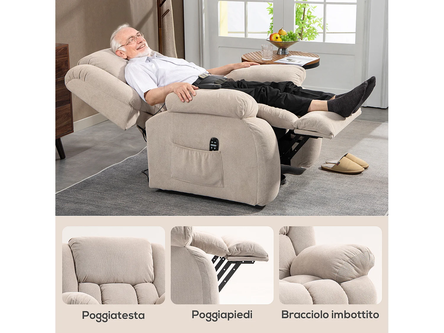 Poltrona alzapersona e reclinabile con 2 tasche e telecomando beige