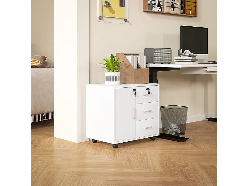 Schedario per ufficio con 3 cassetti e armadietto in truciolato bianco