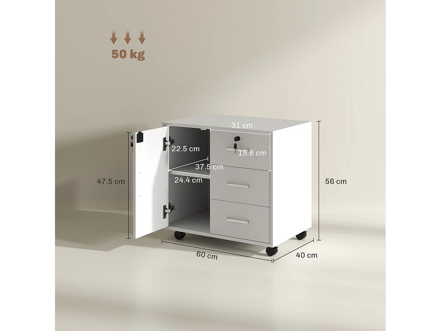 Schedario per ufficio con 3 cassetti e armadietto in truciolato bianco