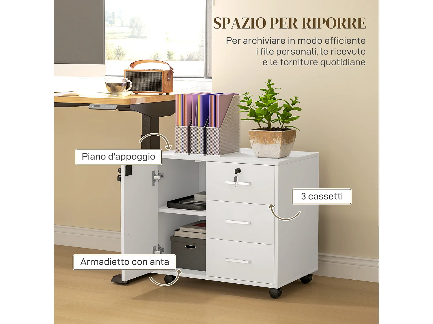 Schedario per ufficio con 3 cassetti e armadietto in truciolato bianco