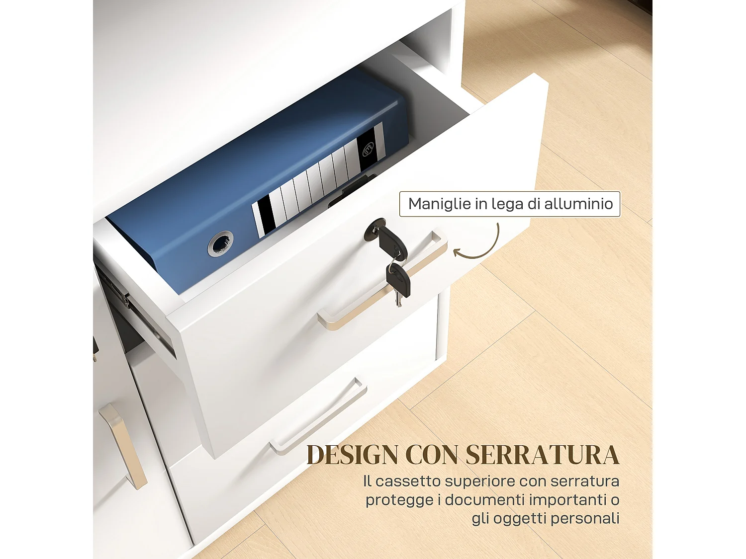 Schedario per ufficio con 3 cassetti e armadietto in truciolato bianco