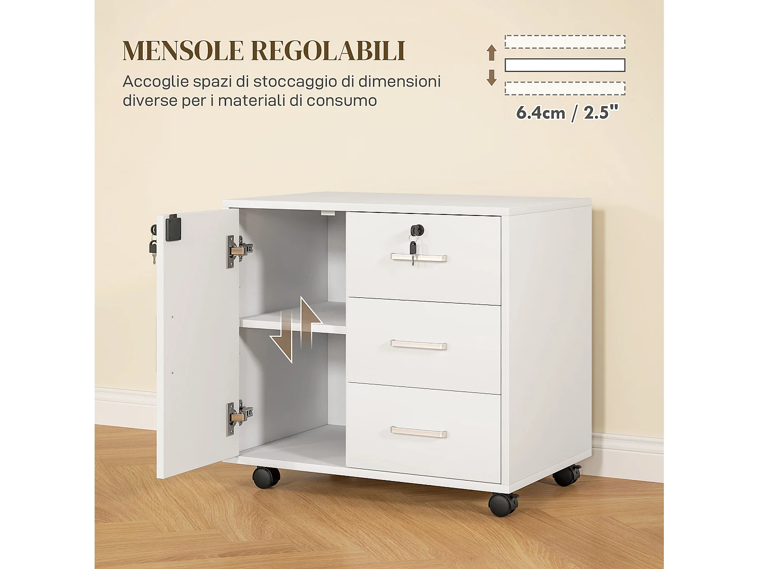 Schedario per ufficio con 3 cassetti e armadietto in truciolato bianco