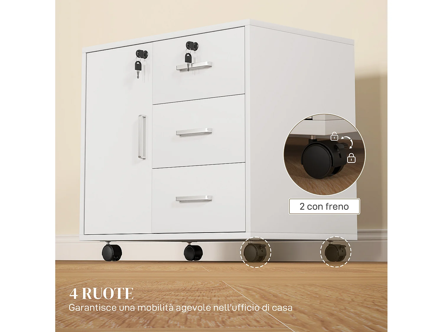 Schedario per ufficio con 3 cassetti e armadietto in truciolato bianco