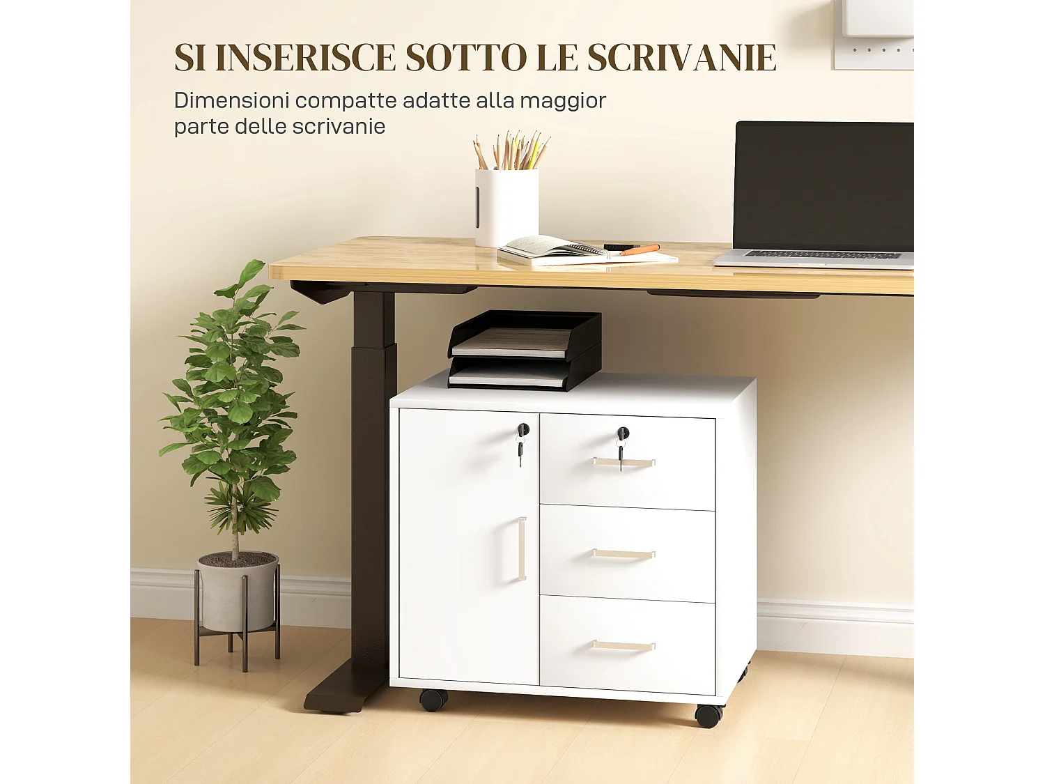 Schedario per ufficio con 3 cassetti e armadietto in truciolato bianco