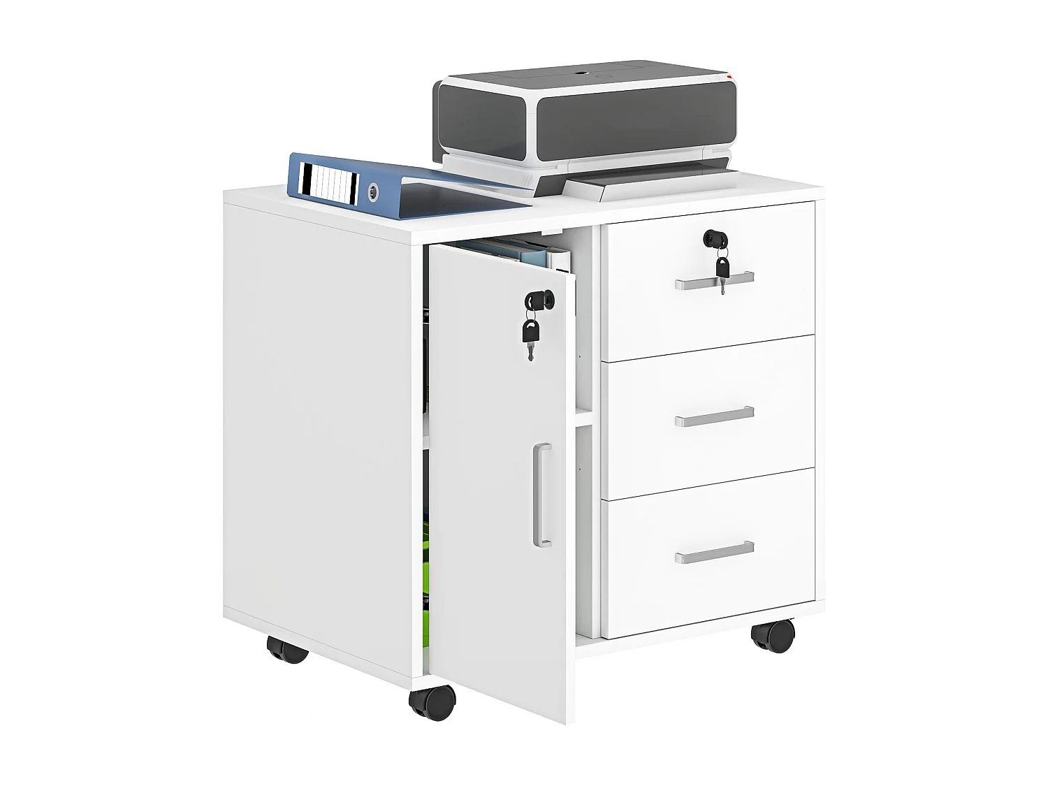 Schedario per ufficio con 3 cassetti e armadietto in truciolato bianco