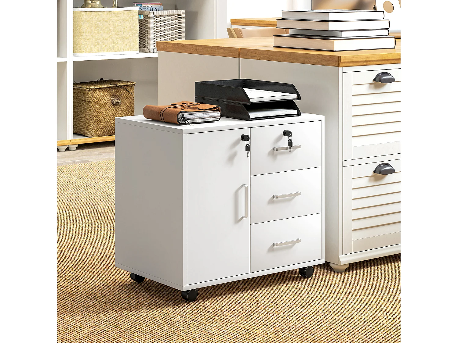 Schedario per ufficio con 3 cassetti e armadietto in truciolato bianco