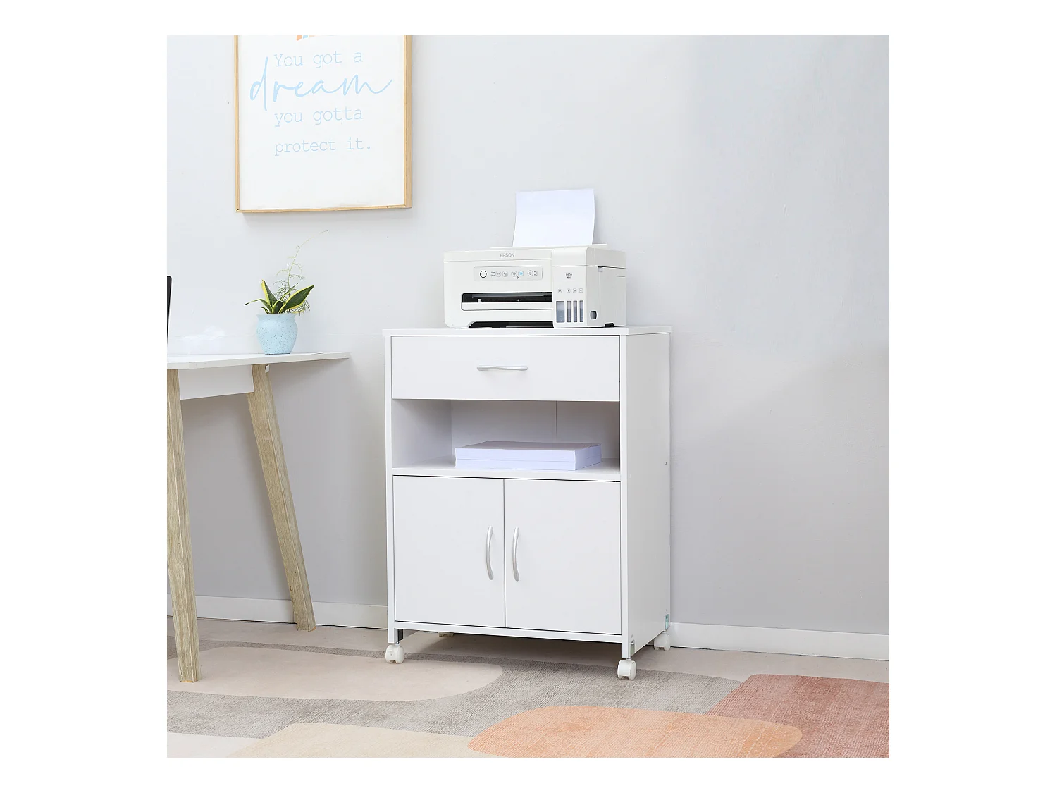 Mobile porta stampante con 4 ruote 60x39x80cm bianco