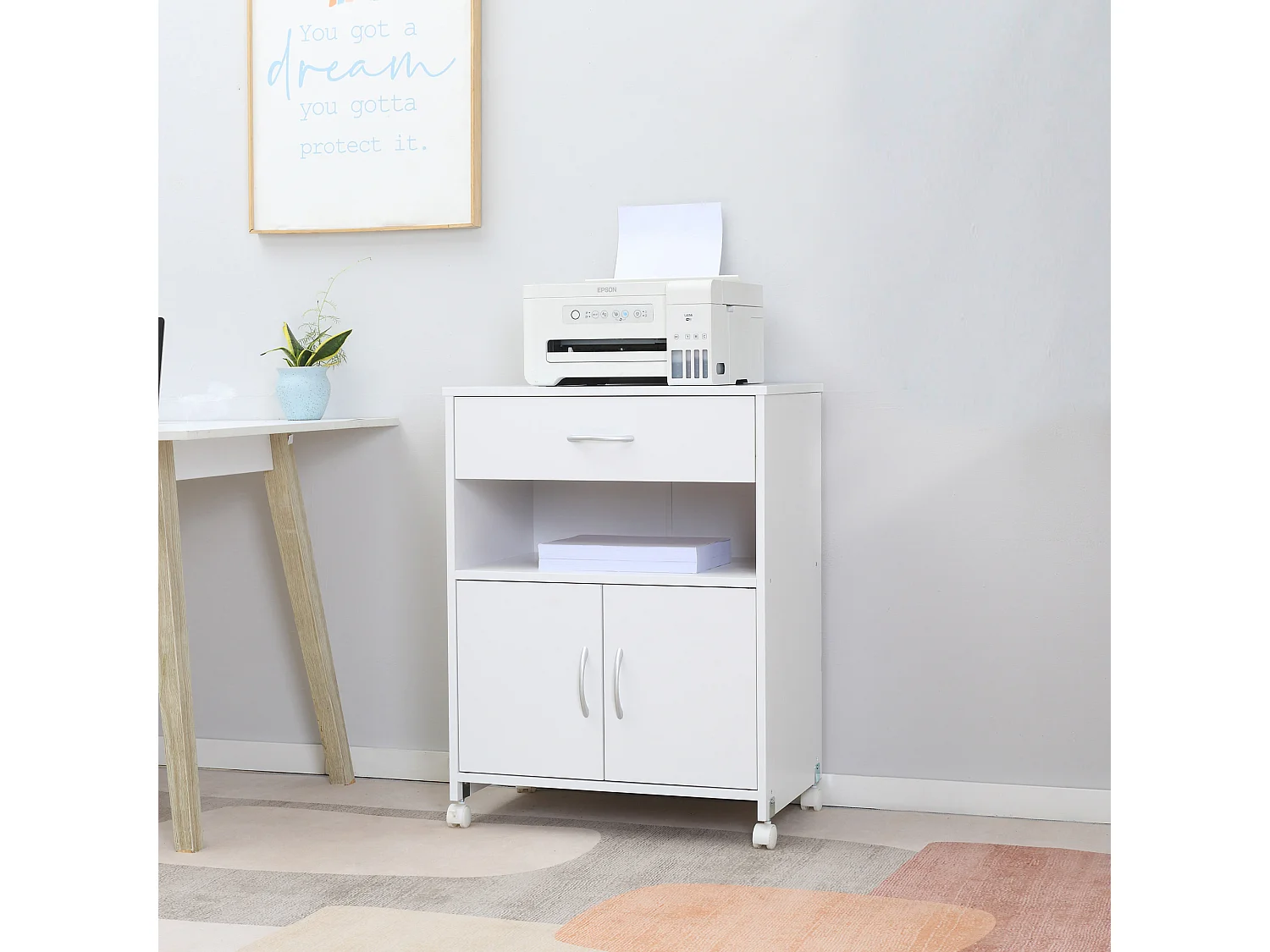 Mobile porta stampante con 4 ruote 60x39x80cm bianco