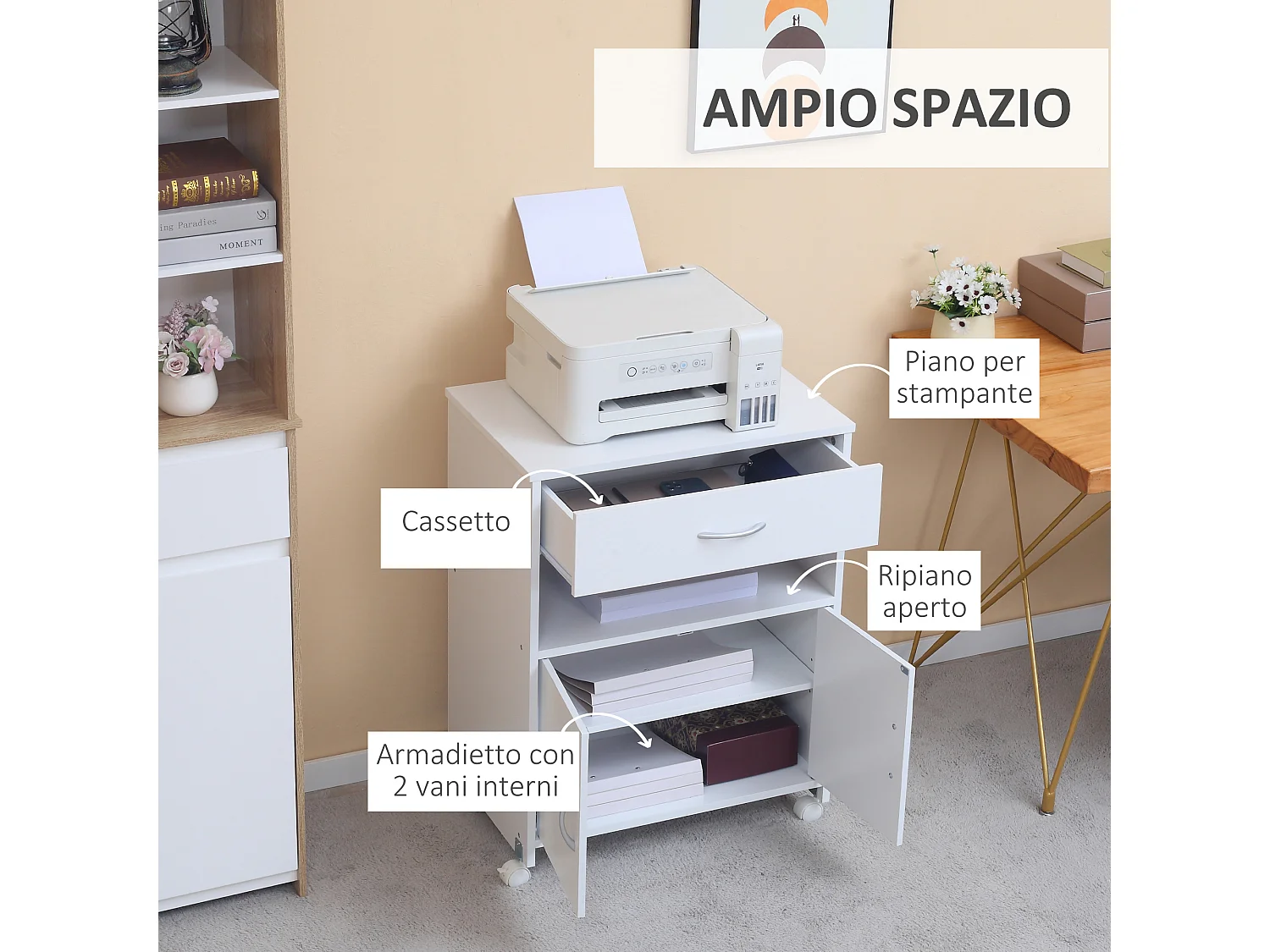 Mobile porta stampante con 4 ruote 60x39x80cm bianco