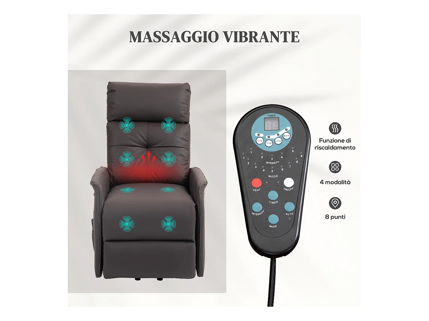 Poltrona alzapersona reclinabile con massaggio e riscaldamento marrone