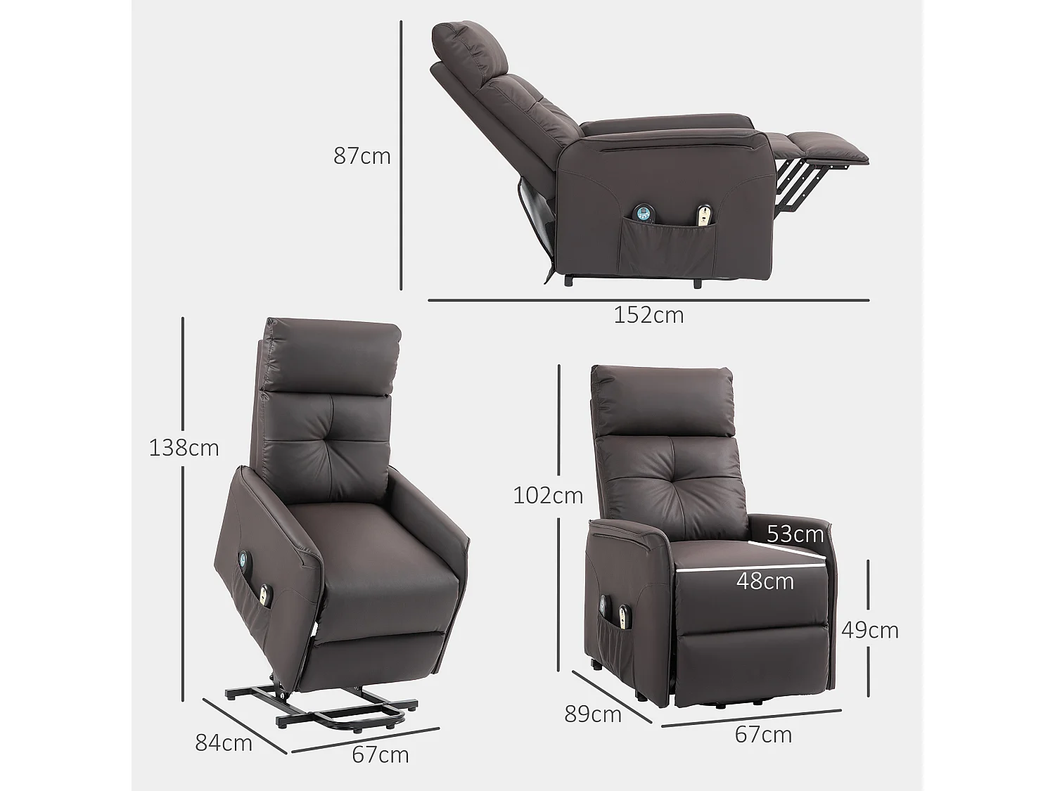 Poltrona alzapersona reclinabile con massaggio e riscaldamento marrone