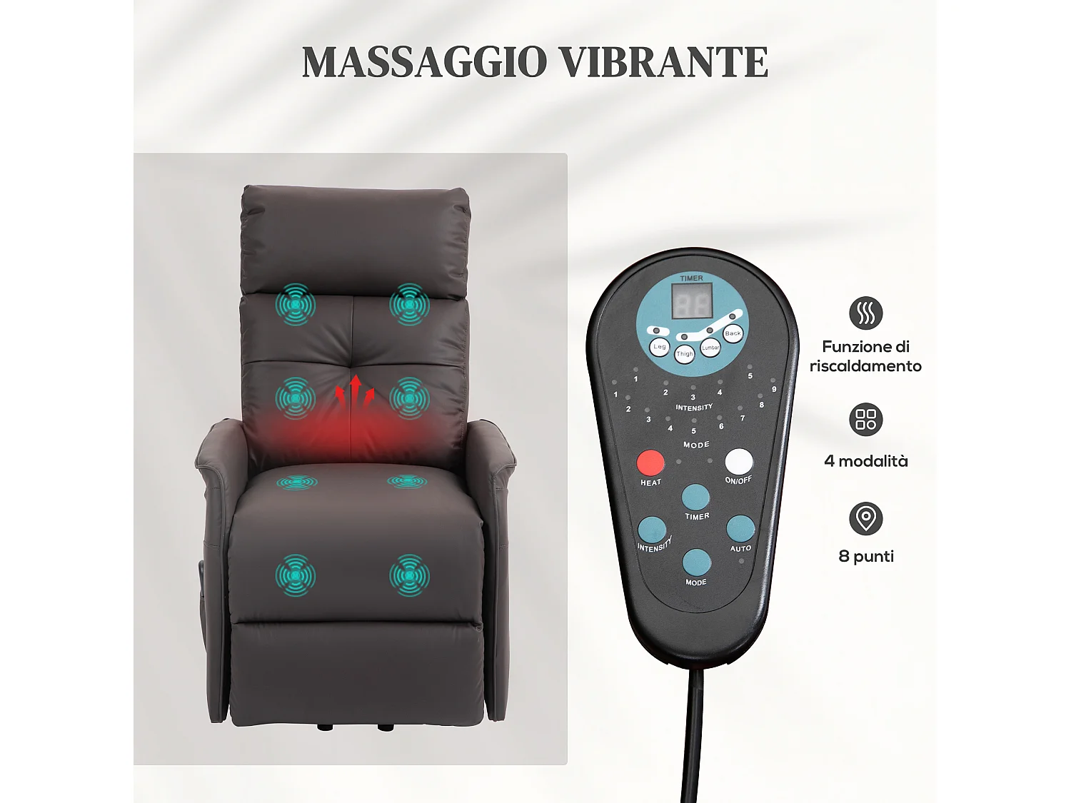 Poltrona alzapersona reclinabile con massaggio e riscaldamento marrone