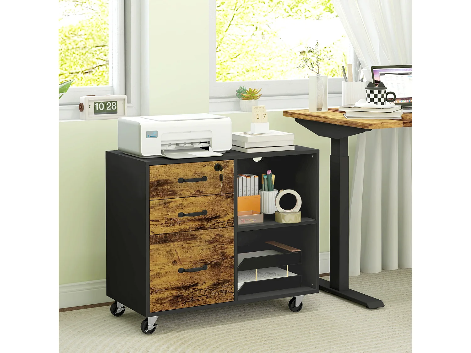 Mobile per stampante con 3 cassetti e 2 ripiani in MDF marrone e nero