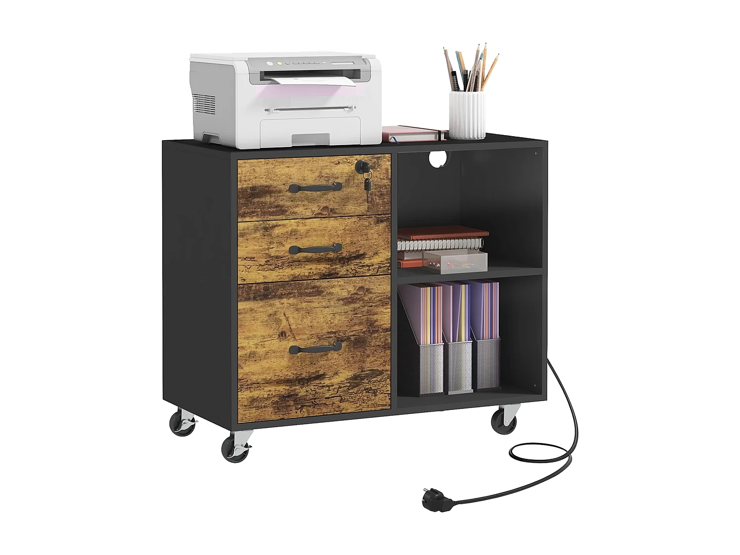 Mobile per stampante con 3 cassetti e 2 ripiani in MDF marrone e nero