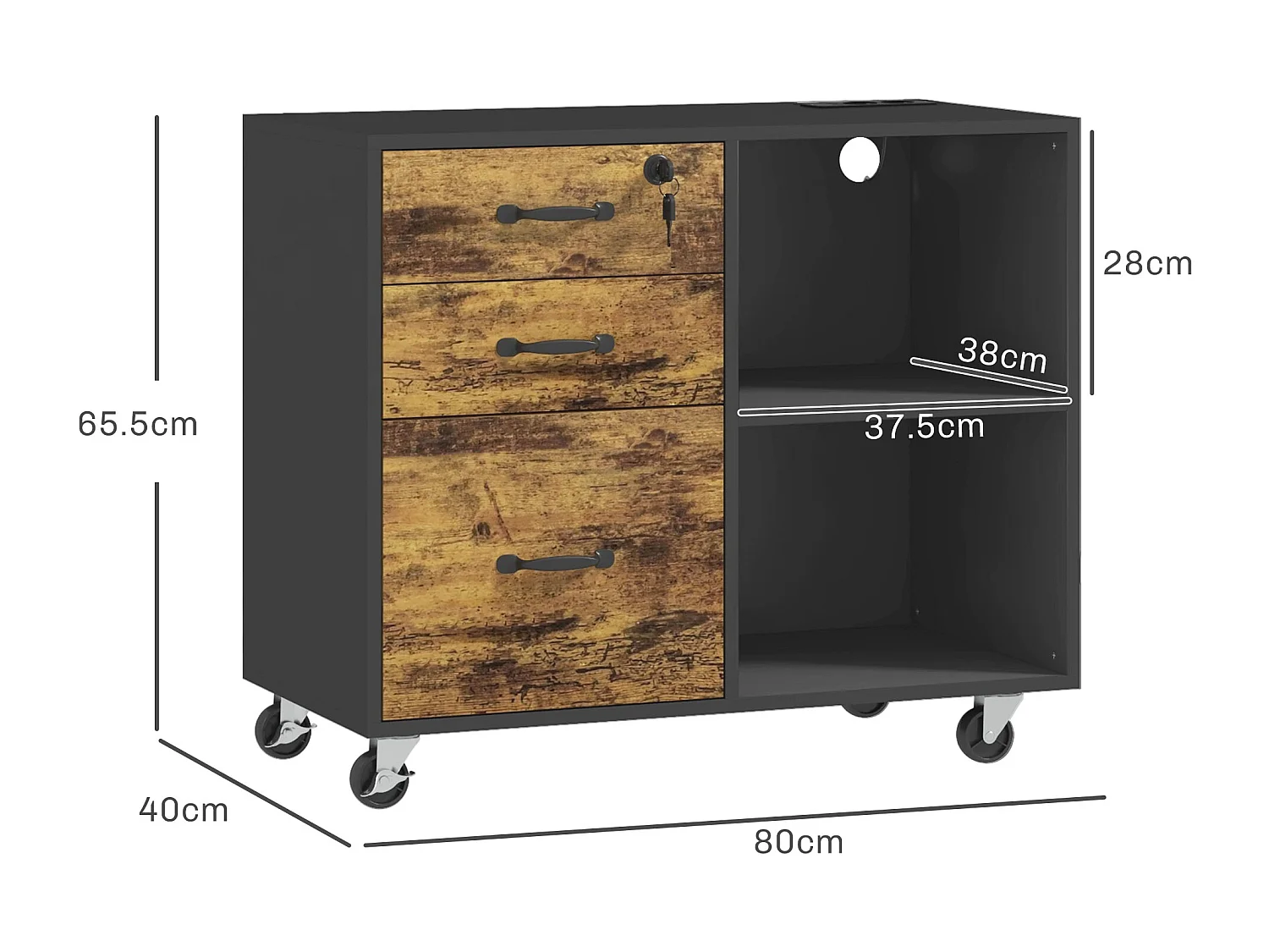 Mobile per stampante con 3 cassetti e 2 ripiani in MDF marrone e nero