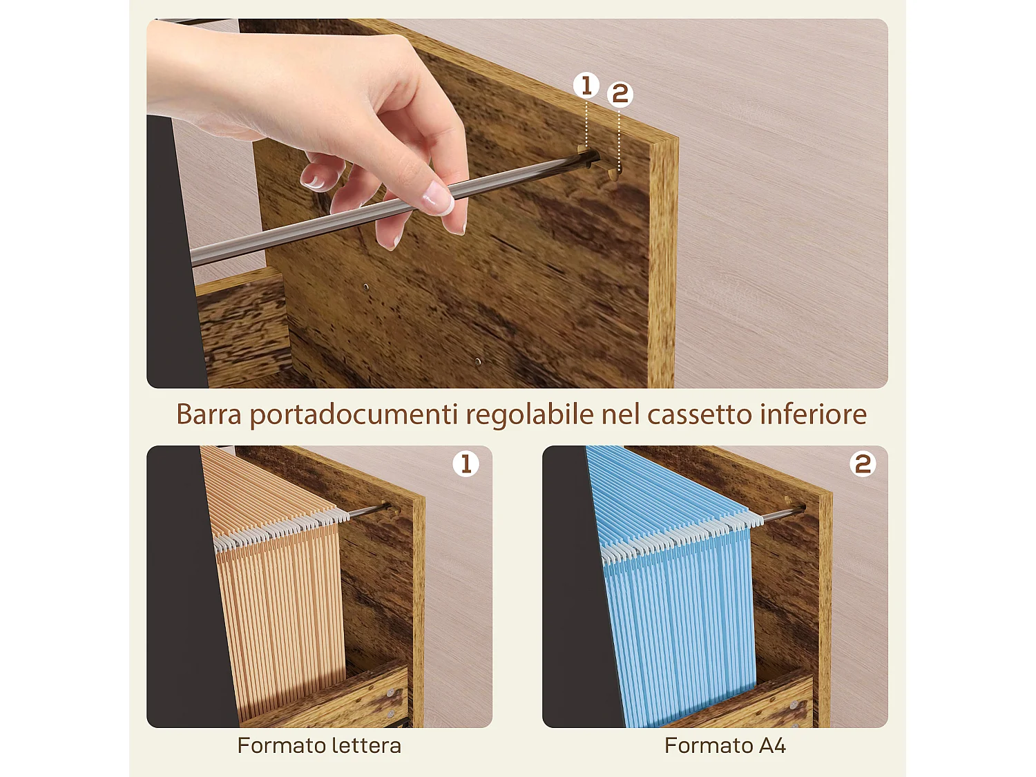 Mobile per stampante con 3 cassetti e 2 ripiani in MDF marrone e nero