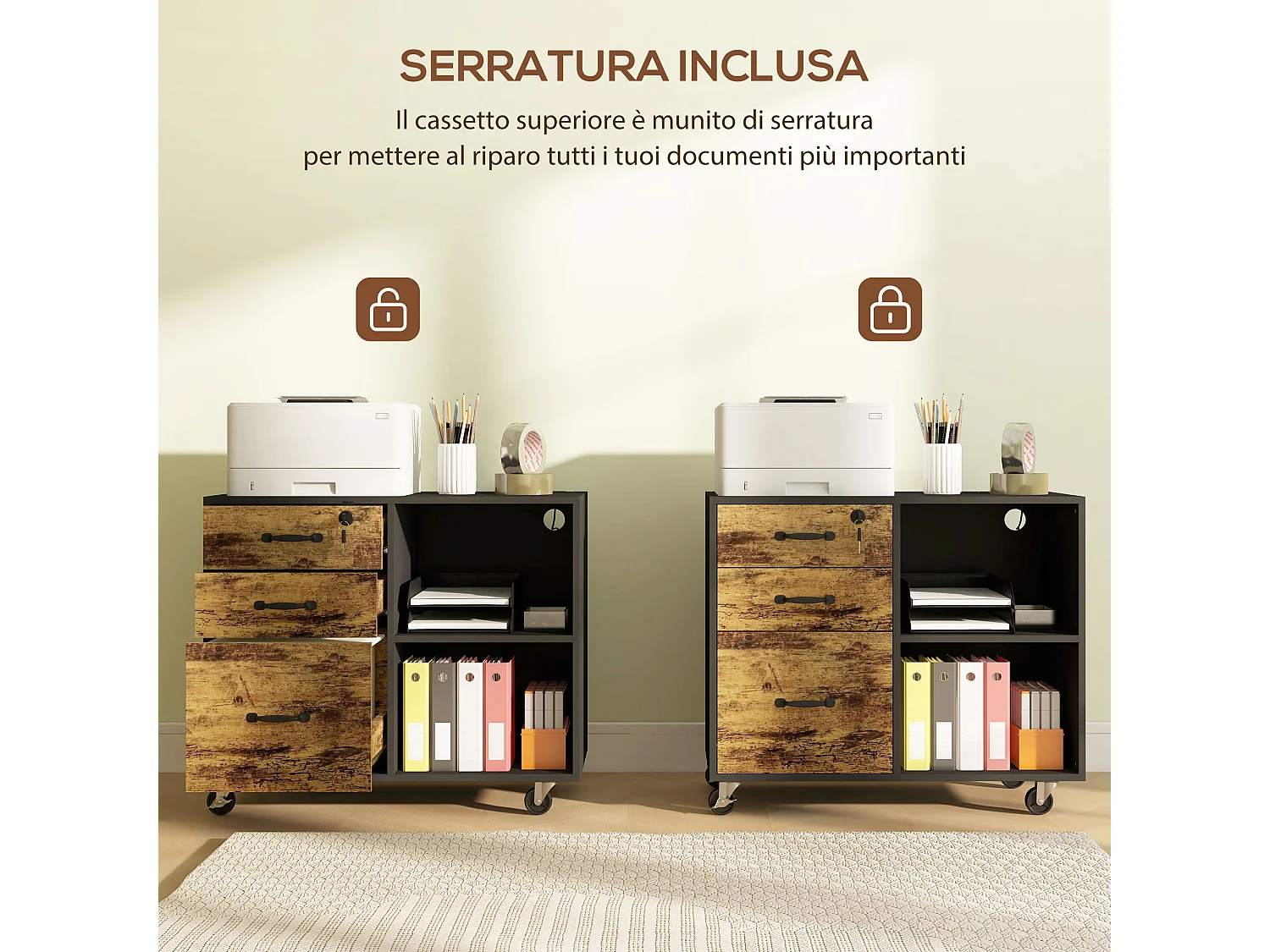 Mobile per stampante con 3 cassetti e 2 ripiani in MDF marrone e nero