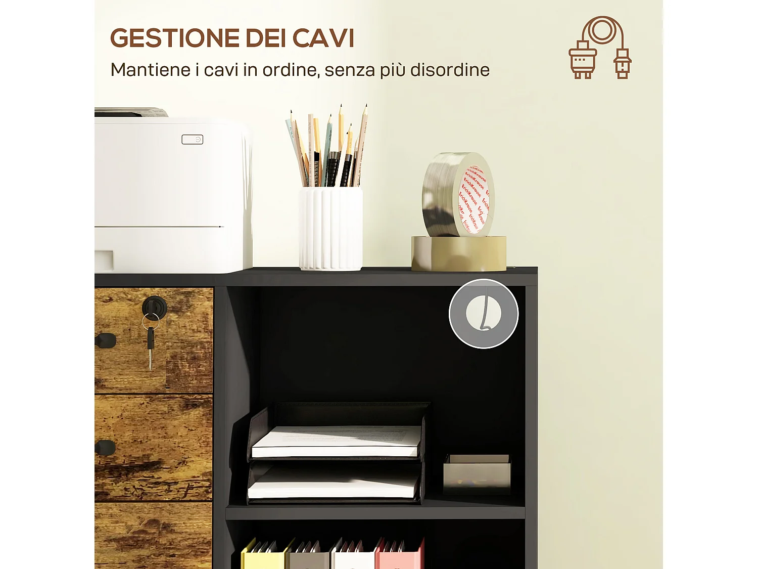 Mobile per stampante con 3 cassetti e 2 ripiani in MDF marrone e nero