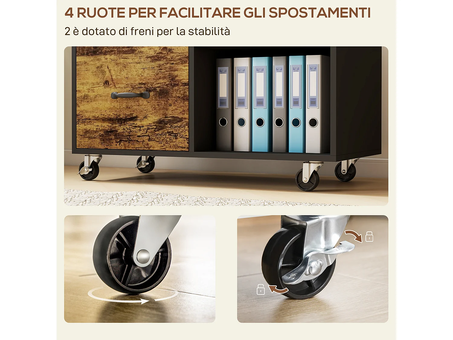 Mobile per stampante con 3 cassetti e 2 ripiani in MDF marrone e nero