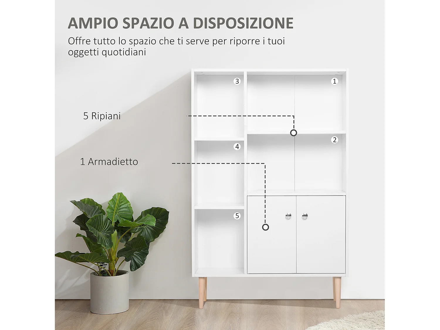 Libreria con piedini in legno di pino bianco 80x23.5x123cm