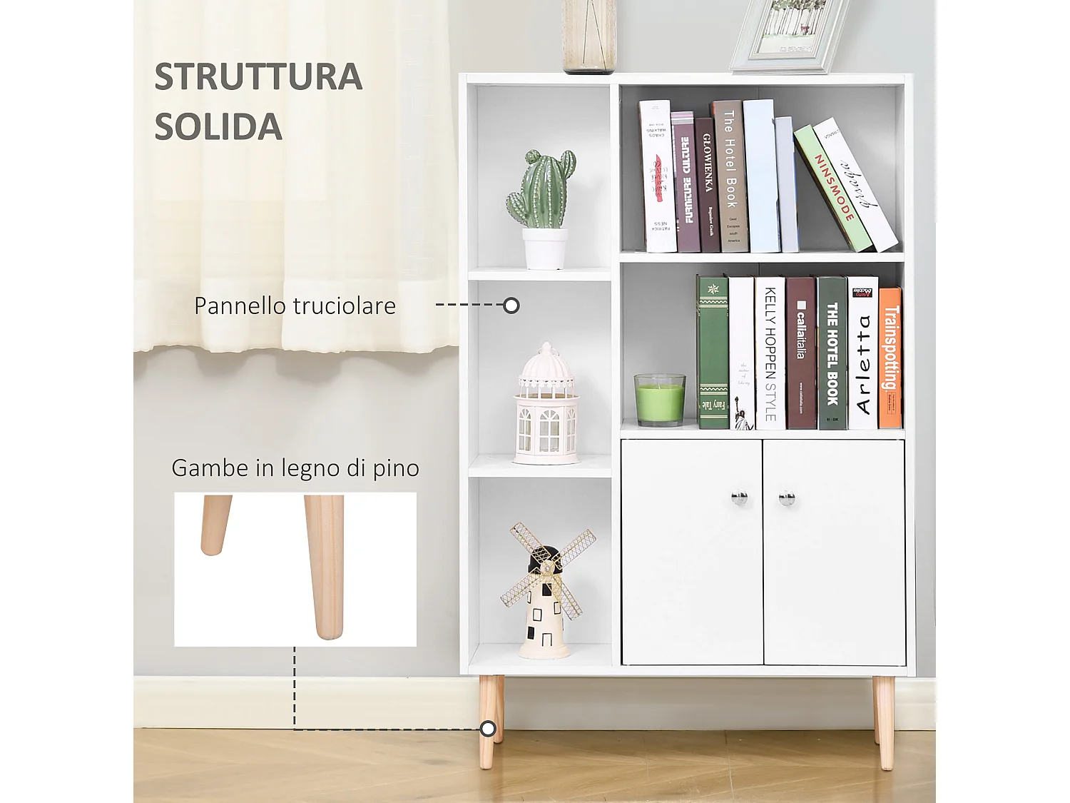 Libreria con piedini in legno di pino bianco 80x23.5x123cm