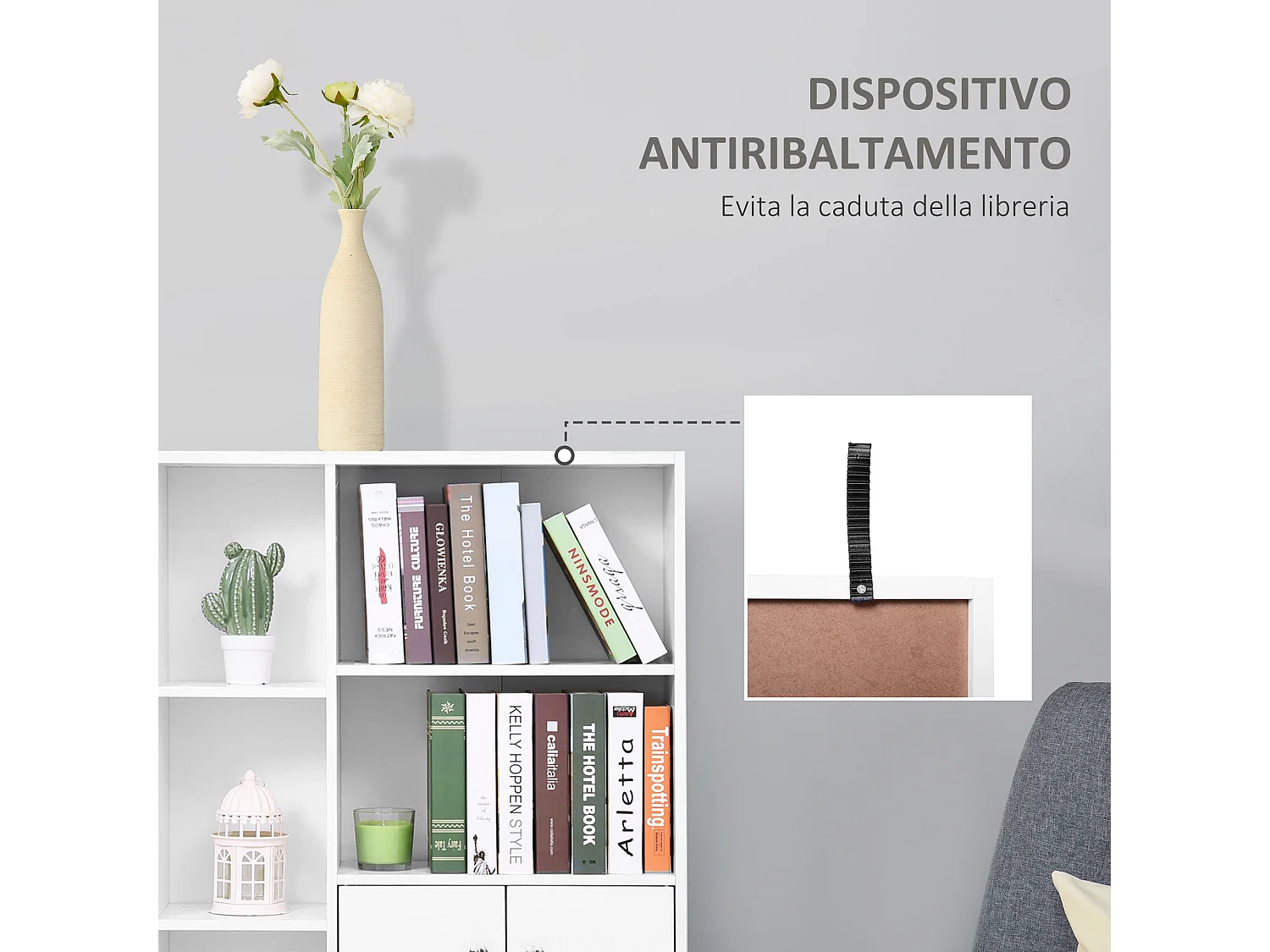 Libreria con piedini in legno di pino bianco 80x23.5x123cm