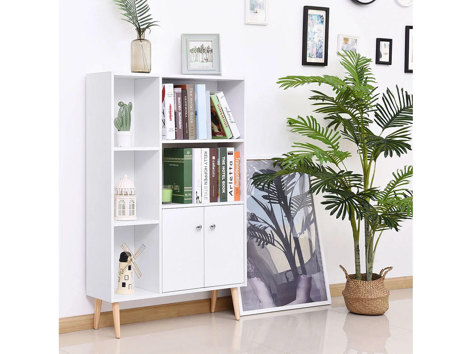 Libreria con piedini in legno di pino bianco 80x23.5x123cm