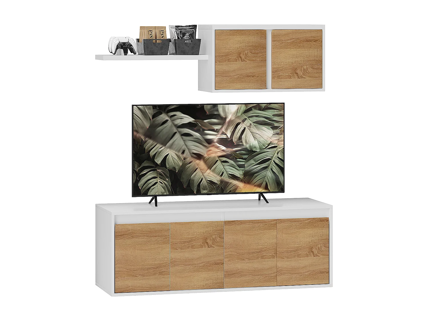 Set mobile TV e armadietto a muro con 7 ripiani e scaffale aperto